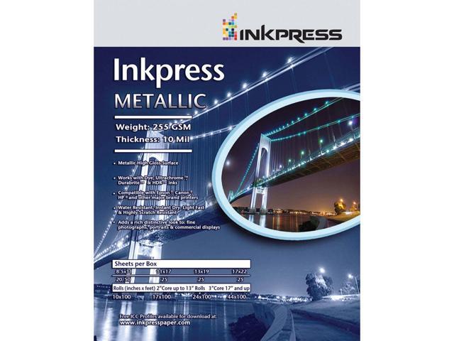 Inkpress Metallic Gloss Inkjet Paper, 255 gsm, 10 mil, Metallic Glossy Surface, 13x19', 25 Sheets