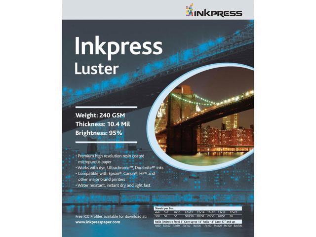 Inkpress RC Luster Single Sided Paper for Inkjet Printers, 240gsm, 10.4 mil, 8 x 12', 50 Sheets