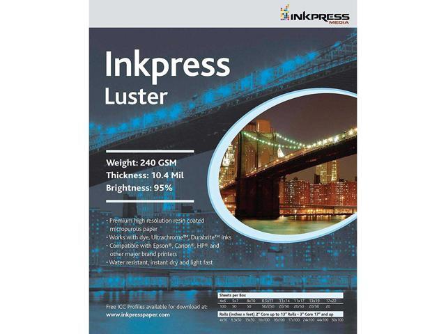 Inkpress Luster Premium Single Sided Bright Resin Coated Photograde Inkjet Paper, 10.4mil., 240gsm., 11x17', 50 Sheets