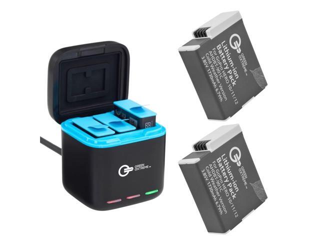 Green Extreme Battery Charger Kit for GoPro Hero 12 11 10 9, 2-Pack Battery + Triple Charge Case with Type-C Charging Cord 1730mAh, Cold Weather...