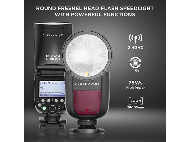 Flashpoint Zoom Li-on X R2 TTL Round Head Flash Speedlight for Nikon, a Professional Camera Flash for DSLR Cameras w/76Ws 2.4G 2600mAh Li-ion...