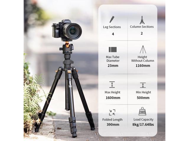 K & F Concept K234A1 4-Section Lightweight Aluminum Travel Vlog Tripod with Ball Head, Black