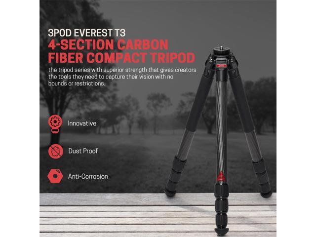3Pod Everest T3 4-Section Carbon Fiber Tripod for Camera, Compact Travel Tripod, Reversible Center Column for Low Angle Photography Camera Tripod
