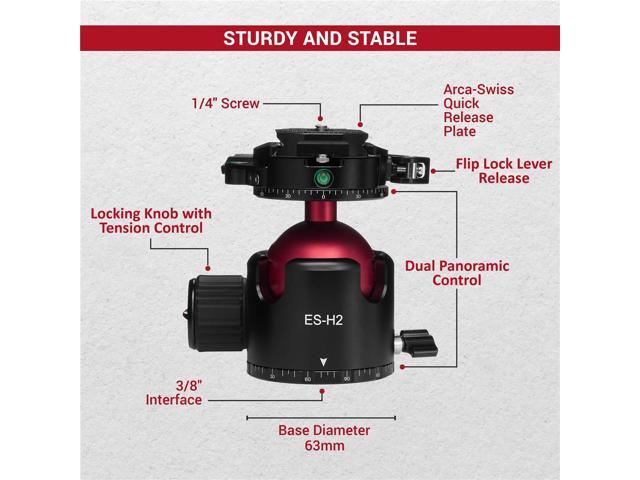 3Pod Everest Series H2 Ball Head, Arca Swiss Quick Release Plate, 360 Degree Rotating Tripod Ball Head Mount, Max Load 44 lbs, Tripod Head 1/4'...