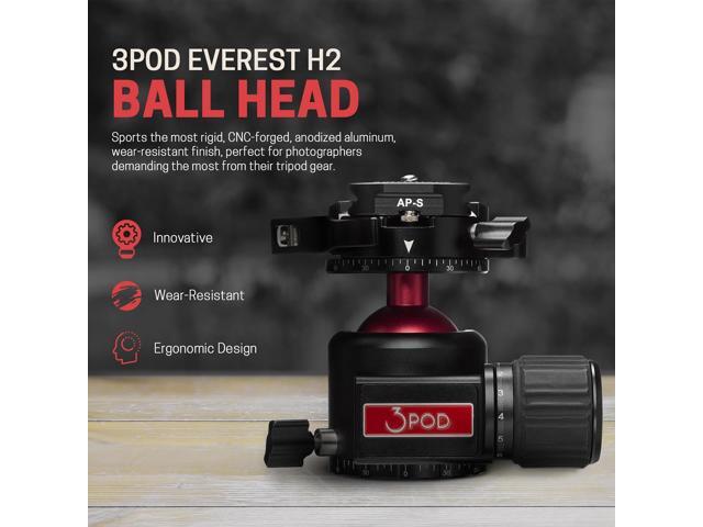 3Pod Everest Series H2 Ball Head, Arca Swiss Quick Release Plate, 360 Degree Rotating Tripod Ball Head Mount, Max Load 44 lbs, Tripod Head 1/4'...