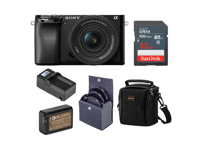 Sony Alpha A6100 Mirrorless Digital Camera, with 16-50mm Lens (Black) Basic Bundle with Filter Kit, Battery, Charger, Bag, 32GB SD Card