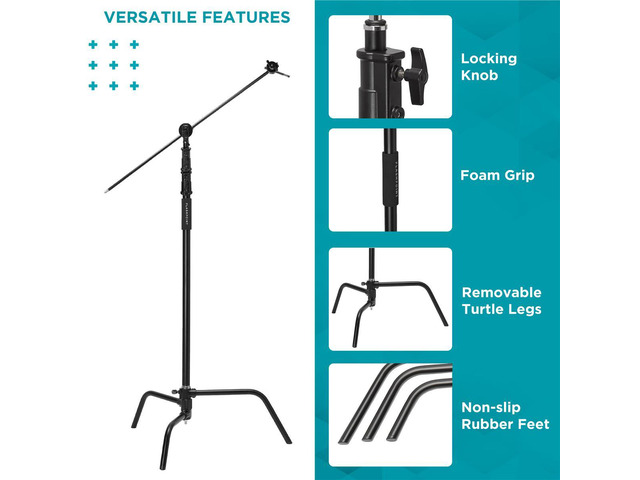 Flashpoint 10.5' C Light Stand on Turtle Base Kit with Two Tier Spring Loaded Riser Column, 40' Grip Arm, Two 3' Gobo Heads and Baby Pin, Black,...