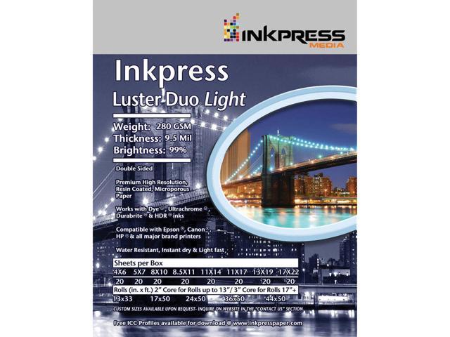 Inkpress Luster Duo, Double Sided Inkjet Paper, 99% Bright, 280 gsm, 9.5 mil., 11x14', 20 Sheets