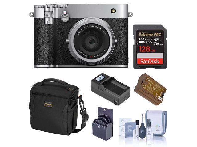 Fujifilm GFX100RF Digital Camera, Silver, Bundle with 128GB Memory Card, Shoulder Bag, Extra Battery, Smart Charger Base and Plate, 49mm Filter Kit