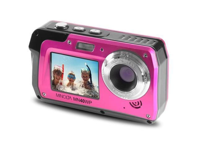 Minolta MN40WP 48MP QHD Dual LCD Screen Waterproof Camera, Pink with accessory kit