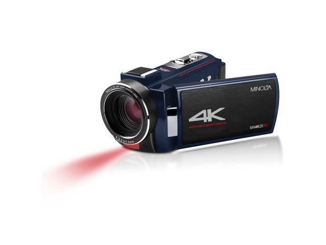 Minolta MN4K25NV 30MP 4K Ultra HD 3' Touchscreen Camcorder with Night Vision, Blue, Bundle with 3-Section Tripod, USB 3.0 Card Reader, Cleaning Kit