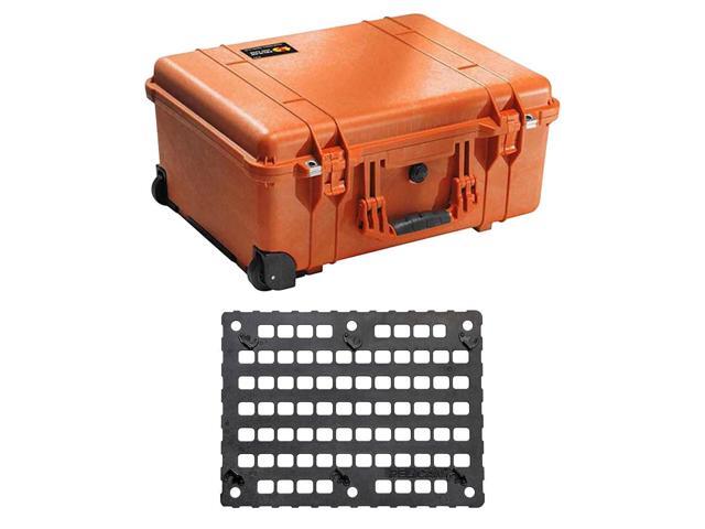 Pelican 1560 Watertight Hard Case with Cubed Foam Interior & Wheels - Orange with Pelican 1560mp Molle panel case lid org