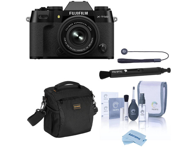 Fujifilm X-T50 Mirrorless Camera with XC 15-45mm f/3.5-5.6 OIS PZ Lens with Universal Lens Cap Tether, Complete Optics Care and Cleaning Kit,...