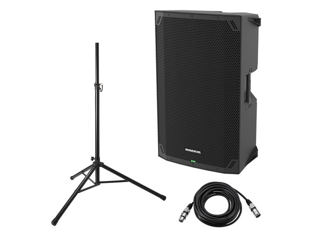 Mackie Thump15v4 15' 1400W Professional Powered PA Loudspeaker with TURNSTILE SPEAKER STAND, BLACK, and H & A XLR M TO F PRO MIC CABLE 25FT