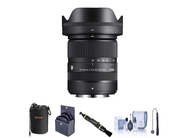 Sigma 18-50mm f/2.8 DC DN Contemporary Lens for Fujifilm X, Bundle with 55mm Filters, Pouch, Lens Cleaner, Cleaning Kit, Cap Tether