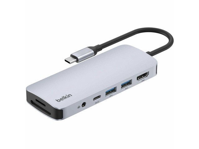 Belkin 7-Port USB-C Hub - USB-C to 2xUSB-A, 1xUSB-C, 1x4K HDMI, 1xSD Reader, 1xMicroSD Reader, 1x3.5mm Audio - Grey - AVC009fqSGY-V2