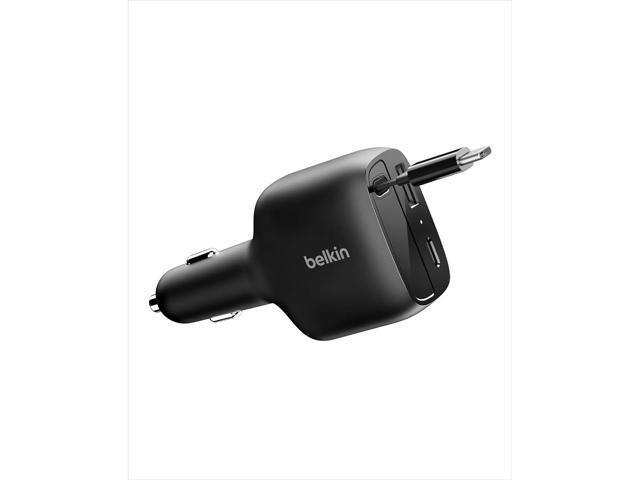 Belkin 75W Dual Port USB Car Charger - 1xUSB-A, 1xUSB-C w/ Retractable USB-C Cable - Black - CCC001fqBK
