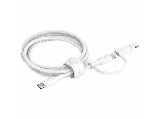 Belkin 60W 2-in-1 USB-C to USB-C and Lightning Cable - 480 Mbps - Braided - M/M - 5ft/1.5m - White - CAC003fq1.5MWH