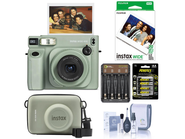 Fujifilm Instax Wide 400 Film Camera, Green, w/Case, 20 Exp Film, Battery
