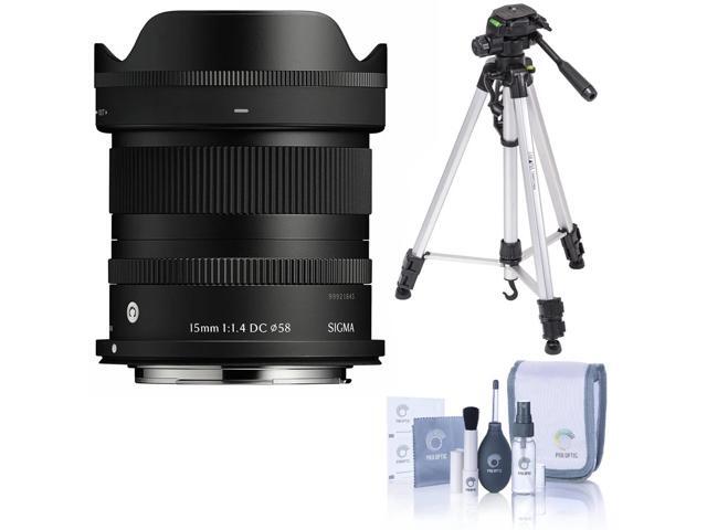 Sigma 15mm f/1.4 DC Contemporary Lens for Canon RF, Bundle with 3-Section Aluminum Tripod with 3-Way Head and Cleaning Kit