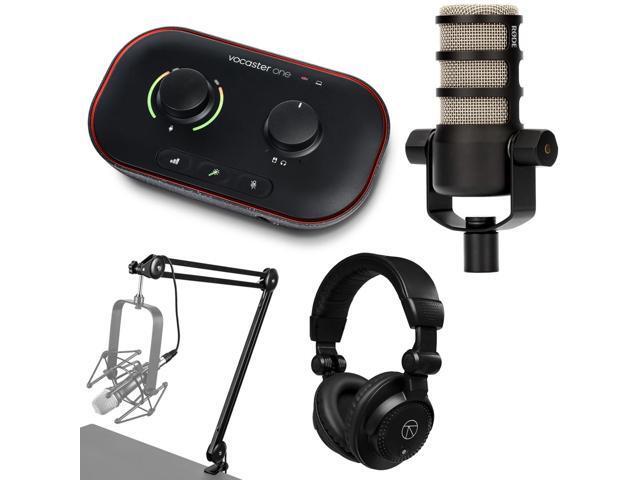 Focusrite Vocaster One Podcast Interface for Solo Content Creators, Bundle with PodMic Podcasting Microphone, Broadcast Arm, TAPH100 Headphones