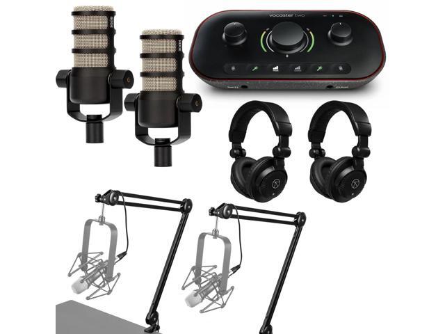 Focusrite Vocaster Two Podcast Interface for Solo Content Creators, Bundle with 2x PodMic Podcasting Microphone, 2x Broadcast Arm, 2x TAPH100.