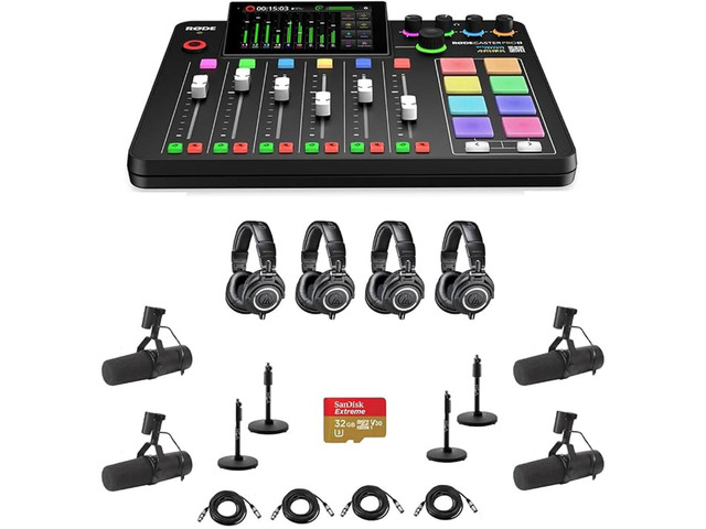 Rode RODECaster Pro II Integrated Audio Production Studio Console Bundle with 4x SM7B Mic, 4x ATH-M50x Headphones, 4x Mic Stand, 4x M to F XLR...