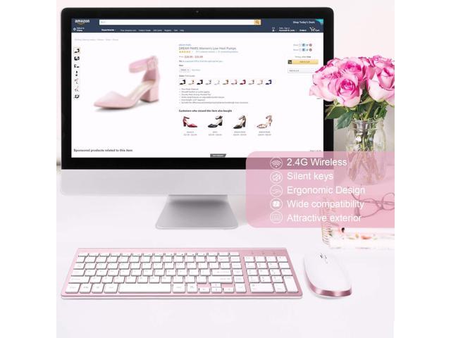 Wireless Keyboard and Mouse, FENIFOX Full-Size Whisper-Quiet Compact Compatible with Mac PC Laptop Tablet Notebook Windows - Rose Gold Pink