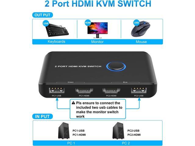 KVM Switch HDMI 2 Port Box,ABLEWE USB and HDMI Switch for 2 Computers Share Keyboard Mouse Printer and one HD Monitor,Support UHD 4K@60Hz,with 2...
