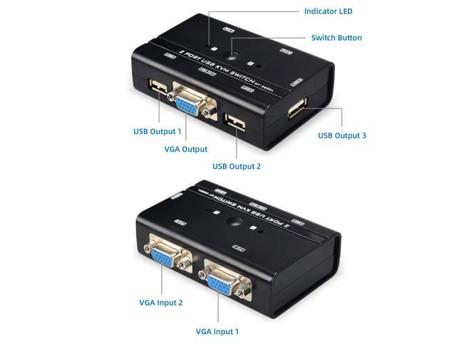 VGA USB KVM Switch, 2 Port VGA KVM Switcher Selector with Cables for 2PC Sharing 1 Video Monitor and 3 USB Devices Keyboard Mouse Printer Scanner