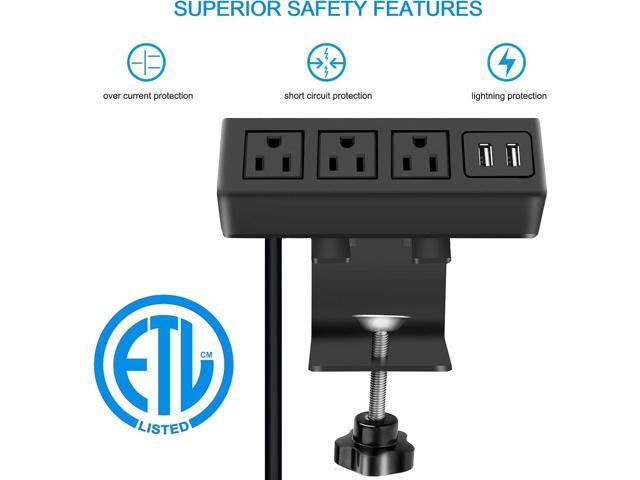 CCCEI 3 Outlet Desk Clamp Power Strip with USB Ports, Desktop Power Strip Surge Protector 1200J. Table Mount Charging Power Station, on Edge Power...