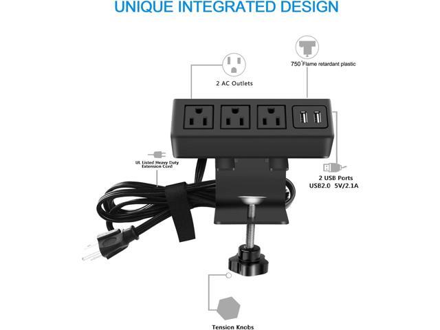 CCCEI 3 Outlet Desk Clamp Power Strip with USB Ports, Desktop Power Strip Surge Protector 1200J. Table Mount Charging Power Station, on Edge Power...