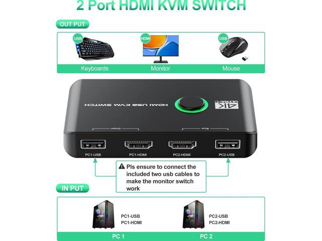 4K KVM Switch HDMI 2 Port Box, USB HDMI KVM Switches for 2 Computers Share Keyboard Mouse Printer and one HD Monitor, Support UHD 4K@60Hz, with 2...