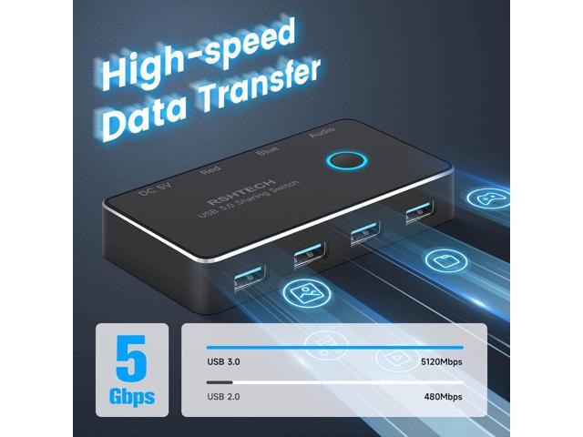 USB 3.0 Switch RSHTECH Aluminum USB Switch Selector with 4 USB 3.0 Ports, 3.5mm Audio Jack, 2 Computers Sharing 5 Peripheral Devices, USB KM...