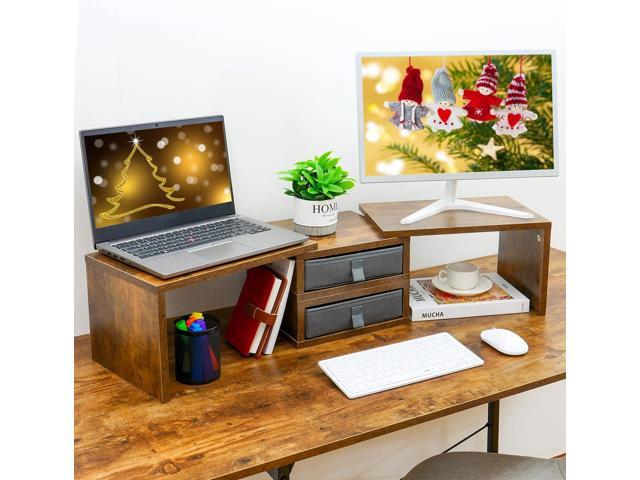 TEAMIX Dual Monitor Stand Riser with 2 Drawers - Length and Angle Adjustable 3 shelf Monitor Riser with Storage Desk Organizer Large Monitor Stand...