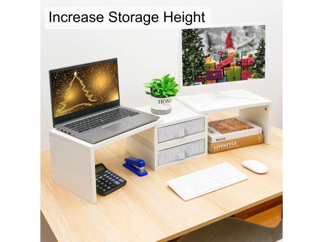 TEAMIX Dual Monitor Stand Riser with 2 Drawers - Length and Angle Adjustable White Monitor Stand with Storage Large Computer Riser for 2...