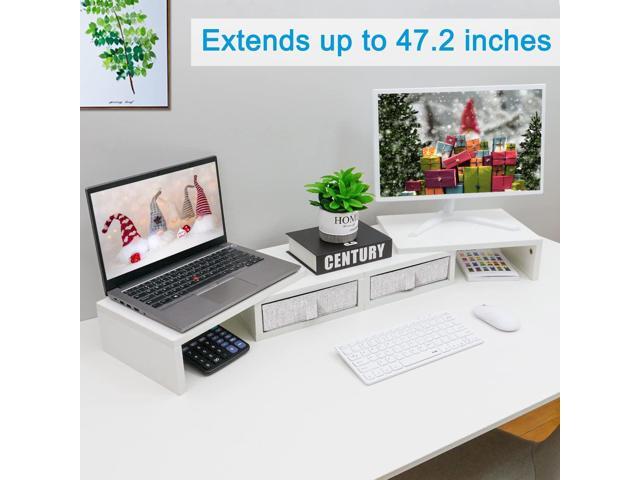 TEAMIX Dual Monitor Stand Riser with 2 Drawers - Length and Angle Adjustable White Monitor Stand with Storage Large Computer Riser for 2...