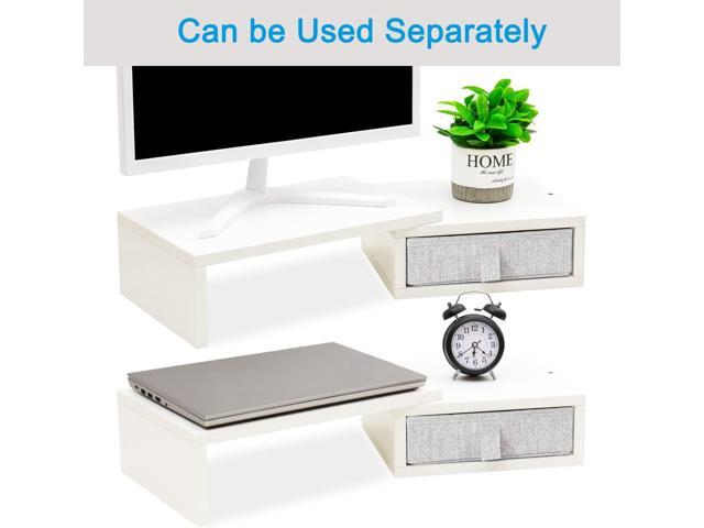 TEAMIX Dual Monitor Stand Riser with 2 Drawers - Length and Angle Adjustable White Monitor Stand with Storage Large Computer Riser for 2...
