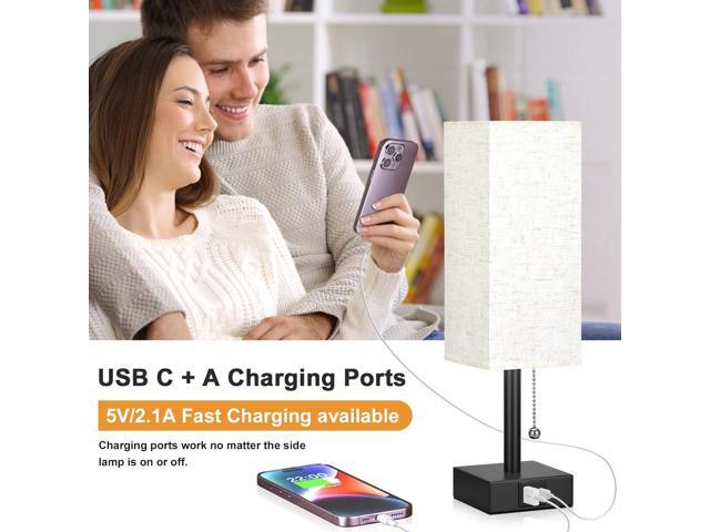 Bedside Table Lamp with 3 Color Temperatures - 3000/4000/5000K Small Lamp with USB C+A Ports, Nightstand Lamp with 3 Color Modes by Pull Chain,...