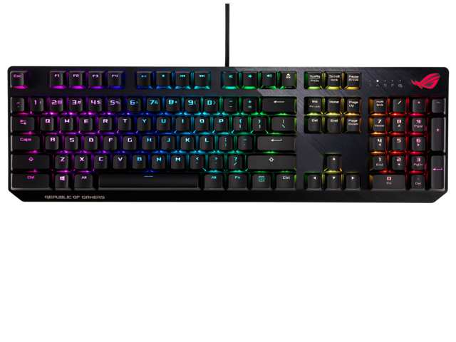 ASUS ROG Strix Scope RGB mechanical gaming keyboard, Cherry MX switch, aluminum alloy frame, equipped with Aura light synchronization technology.