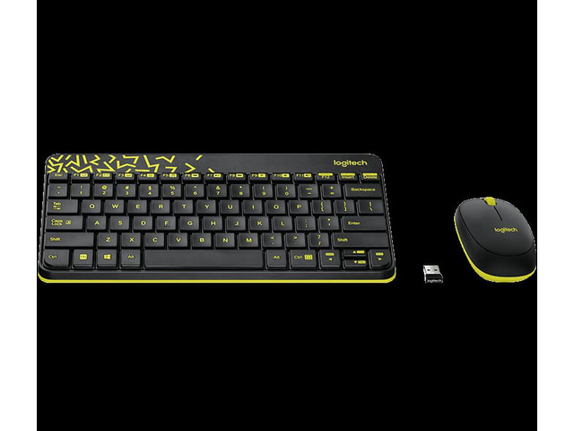 Logitech RF Wireless Keyboard and Mouse Combo MK240 NANO Receiver 12 Function Keys 2.4GHz 1000DPI Both Hands Spill-resitant - Black/Yellow
