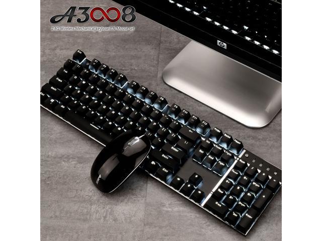 Ajazz A3008 Ergonomic Design, Cool Exterior USB Charging Wireless Blue Mechanical White Backlit Gaming Keyboard And 1600DPI Mouse Combo - Black