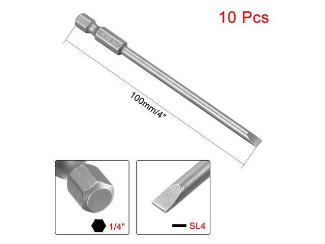 10Pcs 1/4' Hex Shank 100mm Length Magnetic SL4 Slot Head Screwdriver Bits S2 Alloy Steel