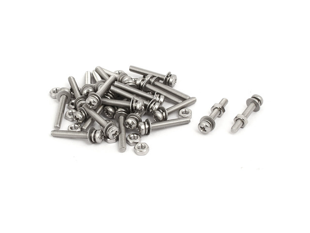 M3x20mm 304 Stainless Steel Phillips Pan Head Bolt Screw Nut w Washer 25 Sets