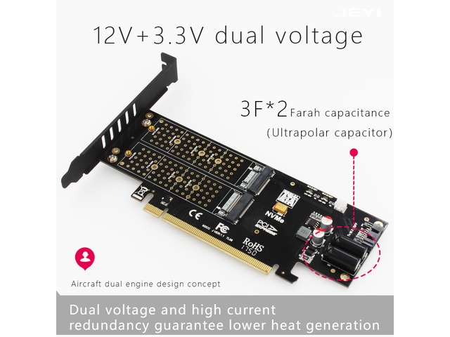 JEYI KNIGHT Power-Fail Protection PCIE3.0 NVME Adapter x16 Full Speed M.2 add on card Heat sink wafer fan cooling SSD U.2 SSD three-disc expansion...