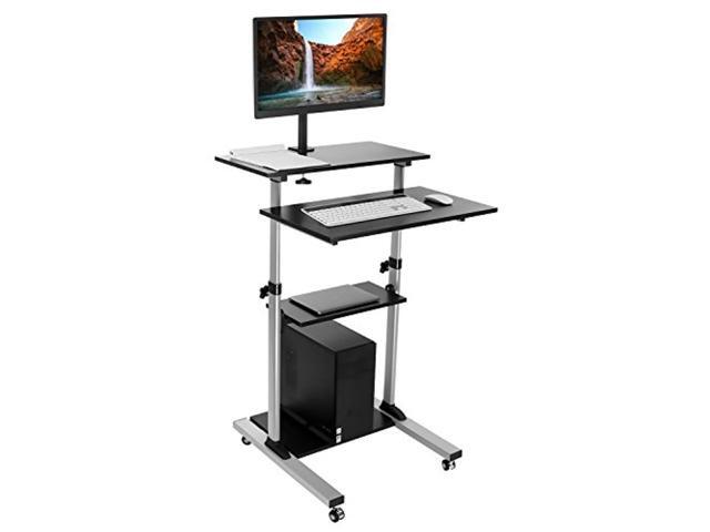 mount-it! mobile stand up desk/height adjustable computer work station rolling presentation cart with monitor arm (mi-7942)