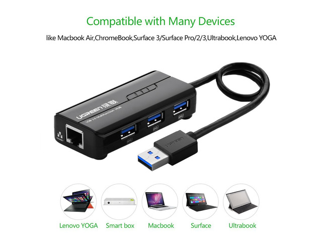 3 Ports USB 3.0 Hub with 10/100/1000Mbps Gigabit Ethernet Network Support Windows 8.1/8/7, XP, Vista, Mac OS X and Linux Compatible for Windows...