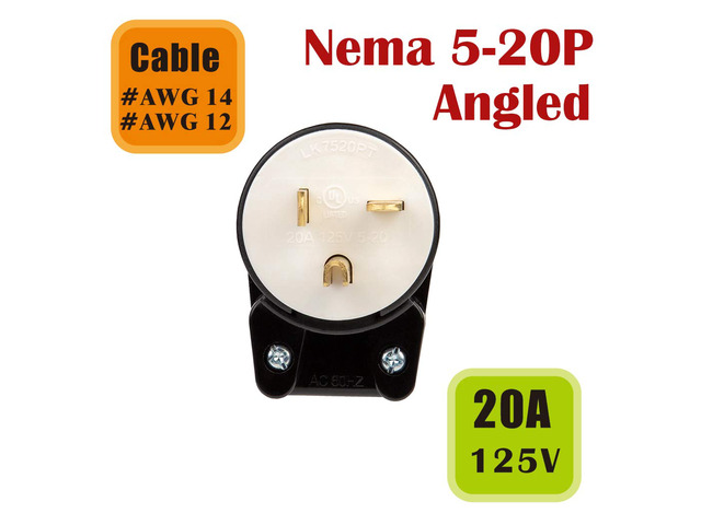 Tekit Tekit NEMA 5-20P Male 90 Degree Angled Plug,Industrial Grade 20A 125V Straight Blade Angled Plug, 60Hz, 2-Pole, 3-Wire, Grounding Connector...