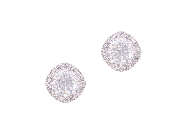 18k White Gold Plated Cubic Zirconia Cushion Shape Halo Stud Earrings (1.90 carats) by ORROUS & CO