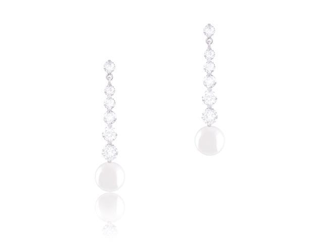 18k Gold Plated White Shell Pearl with 6 Graduated Cubic Zirconia Drop Earrings (9-9.5 mm)